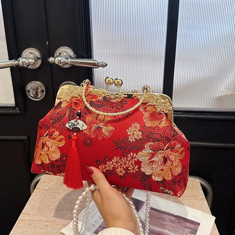 Sac De Soirée Style Chinois Broderie Florale Satin Cadre Métallique Bandoulière Künstliche Perle Gland Élégant
