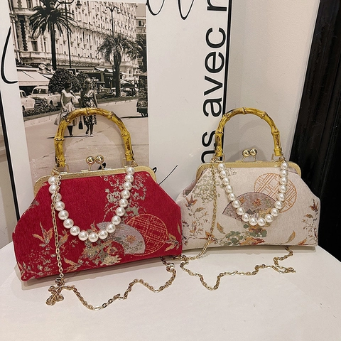 Borsa A Mano A Conchiglia Con Ricamo In Stile Cinese Vintage Con Manico In Bambù E Decorazione Di Künstliche Perle Catena In Metallo Borsa A Tracolla Donna