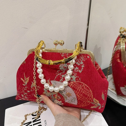 Borsa A Mano A Conchiglia Con Ricamo In Stile Cinese Vintage Con Manico In Bambù E Decorazione Di Künstliche Perle Catena In Metallo Borsa A Tracolla Donna
