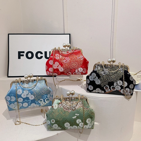 Retro Embroidery Brocade Evening Bag Women Shell Shape Kiss Lock Artificial Pearl Clasp Metal Handle Chain Shoulder Crossbody Purse