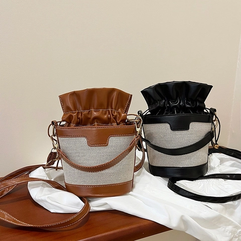 Borsa A Secchiello Vintage In Tela E Pelle PU Coulisse Borsa A Tracolla Mano Per Donna Casual Quotidiana