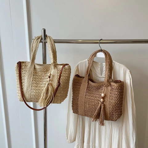 Stroh Gewebte Tragetasche Handtasche Mit Quasten Holzperlen PU Lederriemen Sommer Strand Urlaub Lässig Für Frauen