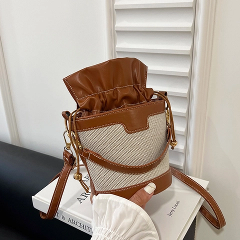 Borsa A Secchiello Vintage In Tela E Pelle PU Coulisse Borsa A Tracolla Mano Per Donna Casual Quotidiana