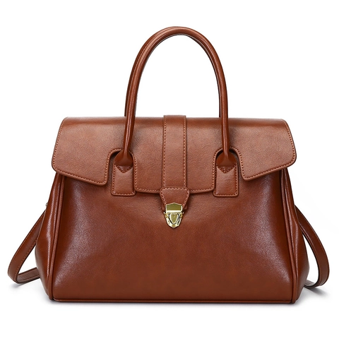 Vintage PU Leather Handbag For Women Large Capacity Business Commute Tote With Golden Lock And Adjustable Strap