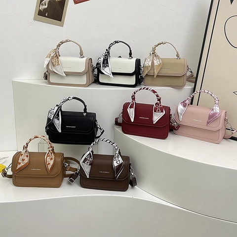 Borsa A Mano Da Donna In Pelle PU Trama Litchi Con Manico In Sciarpa Di Raso Borsa A Tracolla Quadrata