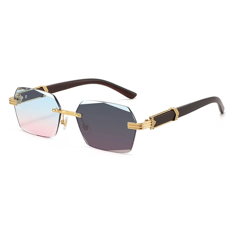 Randlose Polygon Sonnenbrille Selbsttönend UV400 Schutz Metall Holzstruktur Bügel Luxus Mode Für Herren Damen