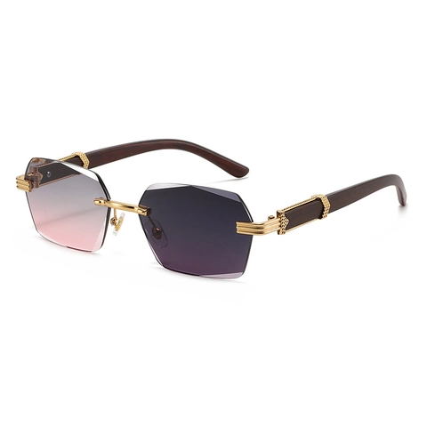 Randlose Polygon Sonnenbrille Selbsttönend UV400 Schutz Metall Holzstruktur Bügel Luxus Mode Für Herren Damen