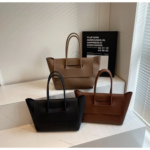 Women Large Capacity Tote Bag Pebbled PU Leather Retro Flap Design Commuter Handbag Solid Color