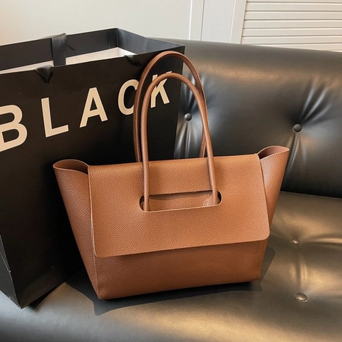 Women Large Capacity Tote Bag Pebbled PU Leather Retro Flap Design Commuter Handbag Solid Color