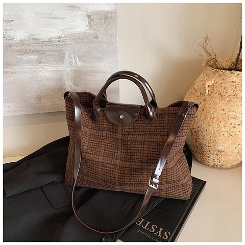 Retro Plaid Tweed Tragetasche Große Kapazität Handtasche Mit PU Lederbesatz Klappe Pendler Schulter Umhängetasche