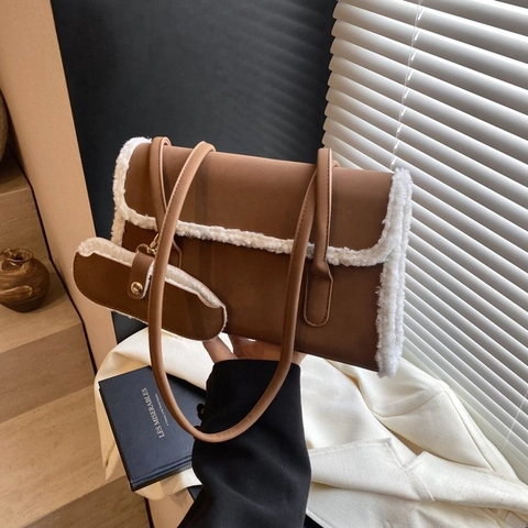 Borsa Sottobraccio Donna Borsa A Tracolla Pelle PU Finitura Sherpa Vintage Patta Rettangolare E Mini Pochette