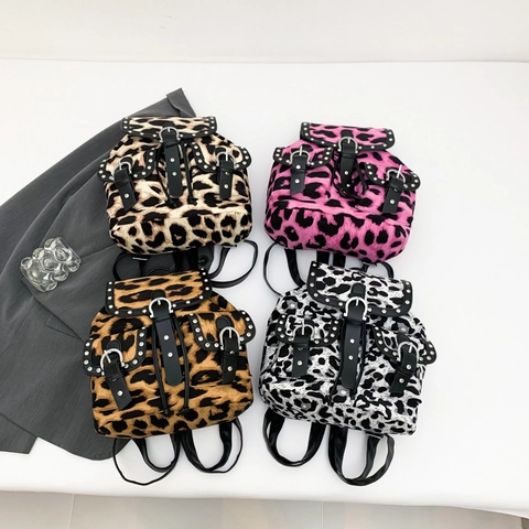 Leopard Print Studded Backpack For Women PU Leather Large Capacity Punk Rivet Rucksack Casual Retro Fashion Travel Bag