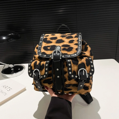 Leopard Print Studded Backpack For Women PU Leather Large Capacity Punk Rivet Rucksack Casual Retro Fashion Travel Bag