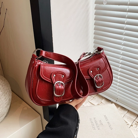 Borsa Sottobraccio Donna Pelle PU Lucida Tasche Con Fibbia Stile Motociclista Retrò Y2K Borsa A Tracolla