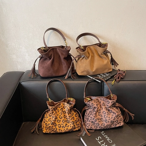Leopard Print Suede Bucket Bag Vintage Tassel Drawstring Crossbody Shoulder Handbag For Women