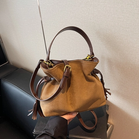 Leopard Print Suede Bucket Bag Vintage Tassel Drawstring Crossbody Shoulder Handbag For Women