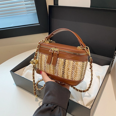 Mini Bolso De Mano Vanity Tejido De Paja Y Cuero PU A Rayas Correa De Cadena Doble Cremallera Chic Retro