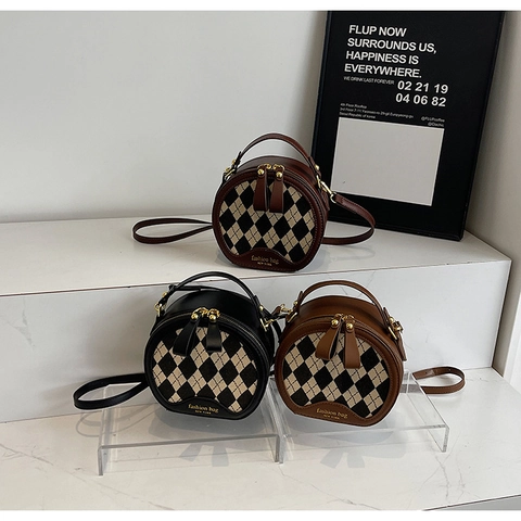 Borsa Tracolla Rotonda Vintage Pelle PU Tessuto Rombi Donna Spalla Circolare Moda Borsa