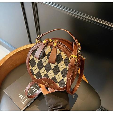 Borsa Tracolla Rotonda Vintage Pelle PU Tessuto Rombi Donna Spalla Circolare Moda Borsa