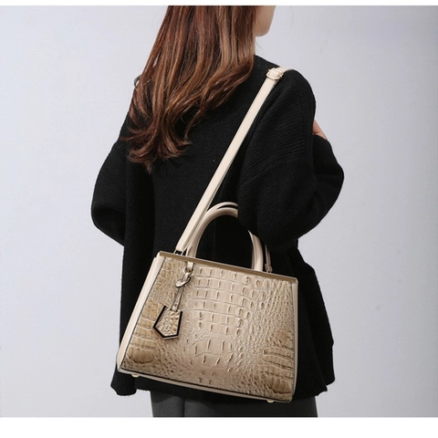 Sac À Main Femme Et Portefeuille Et Porte-Cartes Motif Crocodile Cuir PU Grande Capacité Cabas Matériel Doré Élégant