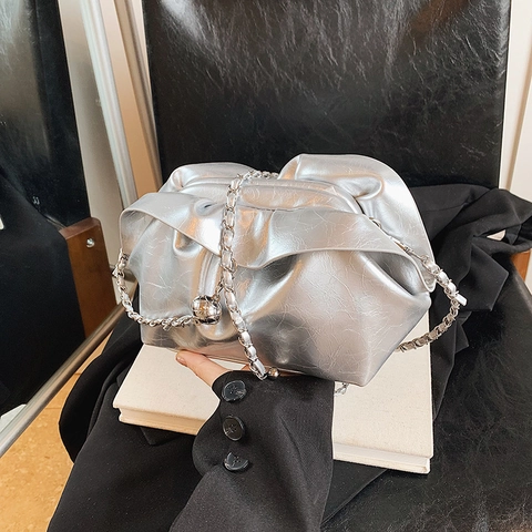 Ruched Pouch Bag Glossy PU Leather Cloud Shoulder Bag With Adjustable Silver Chain Strap For Women Party Evening Trendy