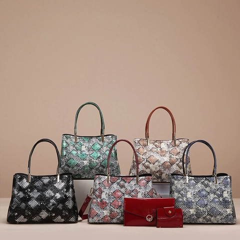 Fashion Snake Print Handbag PU Leather Tote Shoulder Crossbody Bag With Envelope Purse And Card Holder
