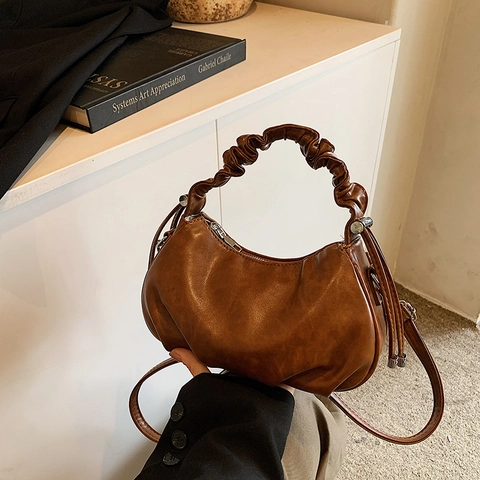 Bolso Medialuna Vintage para Mujer con Asa Fruncida de Cuero de PU Bolso de Bandolera Color Sólido para Diario