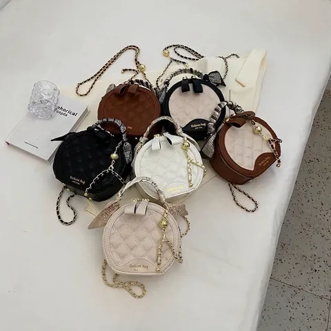 Borsa A Mano Rotonda Con Trama A Rombi Per Donna Pelle PU Con Manico In Sciarpa Di Raso Ed Elegante Tracolla A Catena