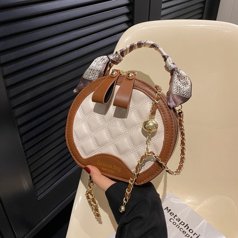 Borsa A Mano Rotonda Con Trama A Rombi Per Donna Pelle PU Con Manico In Sciarpa Di Raso Ed Elegante Tracolla A Catena