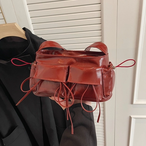 Bolso De Hombro De PU Brillante Para Mujer Con Bolsillos Frontales Dobles Y Detalles De Lazo Con Cordón Retro Y2K Diario