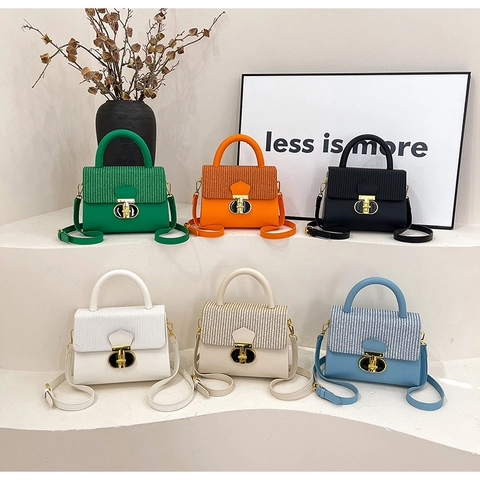 PU Leather Woven Texture Flap Handbag Gold Metal Lock Crossbody Bag Top Handle Commuter Style For Women