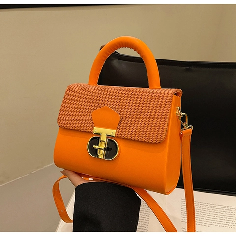 PU Leather Woven Texture Flap Handbag Gold Metal Lock Crossbody Bag Top Handle Commuter Style For Women