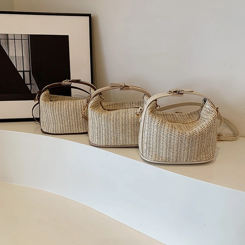 Woven Straw Handbag For Women PU Leather Trim Shoulder Crossbody Bag Summer Beach Vacation Fashion