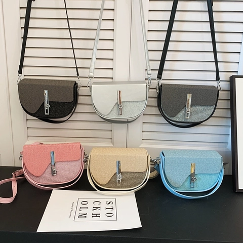 Vintage Saddle Crossbody Bag For Women PU Leather And Fabric Stitching With Top Handle Metal Lock Shoulder Handbag