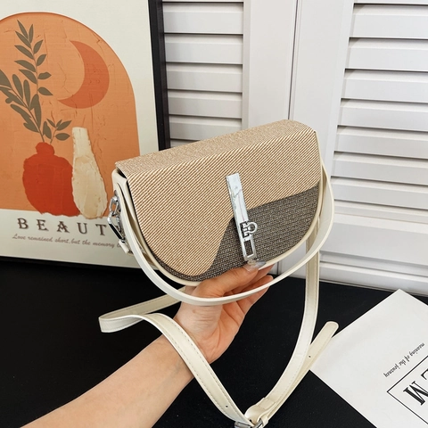 Vintage Saddle Crossbody Bag For Women PU Leather And Fabric Stitching With Top Handle Metal Lock Shoulder Handbag