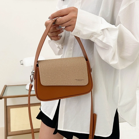 Bolso Bandolera Patchwork Para Mujer Cuero PU Solapa Tejida Bolso De Hombro Retro Color Contraste Bolso Cuadrado Con Correa