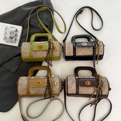 Vintage Contrast Color Boston Bag PU Leather Canvas Cylinder Handbag With Metal Lock Shoulder Crossbody Bag For Women