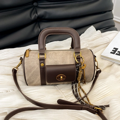 Vintage Contrast Color Boston Bag PU Leather Canvas Cylinder Handbag With Metal Lock Shoulder Crossbody Bag For Women