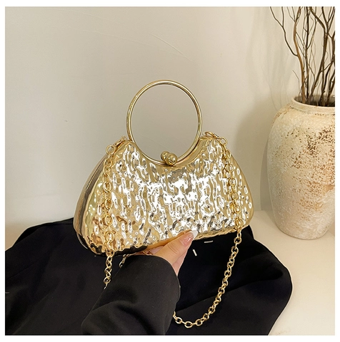 Bolso Clutch De Noche Metal Martillado Asa De Anillo Redondo Correa De Cadena Desmontable Retro Para Mujeres