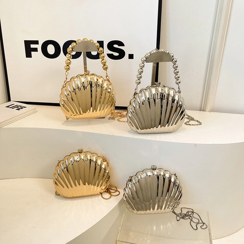 Muschelförmige Abendtasche Clutch Acryl Metall Glänzend Umhängetasche Mit Perlen Griff Kettengurt Für Damen Party