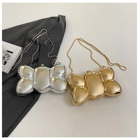 Bowknot Avondtas Acryl Spiegel Metallic Afwerking Harde Schaal Clutch Met Afneembare Metalen Ketting Voor Feest Dames