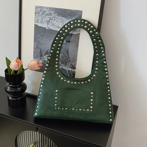 Borsa Sottobraccio Vintage Con Borchie Pelle PU Stile Punk Donna Borsa Spalla Hobo Retro Chic Versatile Grande Capacità