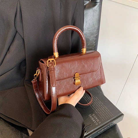 Borsa A Mano In Pelle PU Vintage Piccola Borsa A Tracolla Quadrata Retrò Con Manico Superiore E Chiusura In Metallo