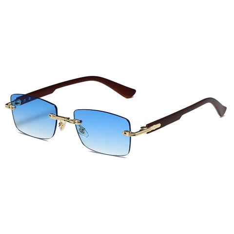 Rimless Square Sunglasses With Metal Bridge And Wood Grain Temples UV400 Protection Fashion Retro For Men Women