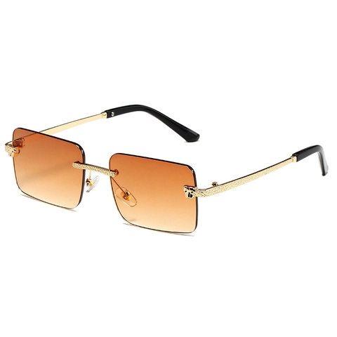Fashion Rimless Rectangle Sunglasses With Leopard Head Metal Decoration UV400 Gradient Lens Vintage Eyewear For Men Women
