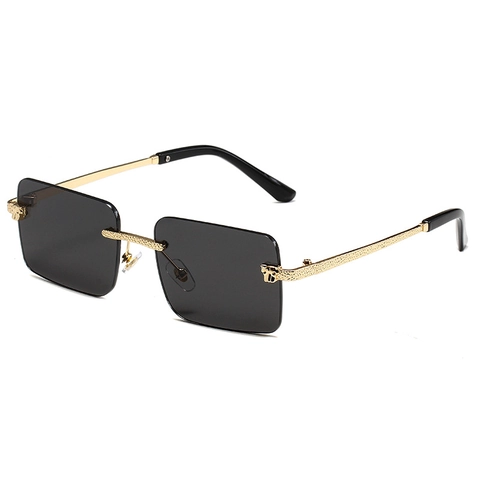 Fashion Rimless Rectangle Sunglasses With Leopard Head Metal Decoration UV400 Gradient Lens Vintage Eyewear For Men Women