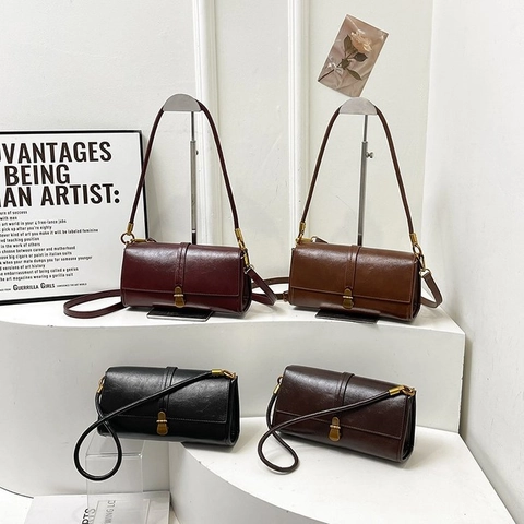 Vintage PU Leather Baguette Bag Rectangular Shoulder Underarm Handbag With Metal Buckle For Women Daily Work Elegant