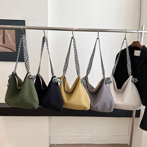 Sac Cabas Femme En Velours Côtelé Grande Capacité Sac Hobo À Rayures Avec Bandoulière Tissée Rayée Noire Et Blanche