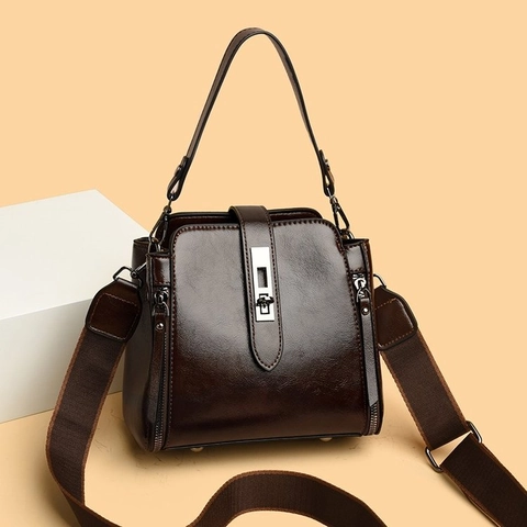Bolso De Cubo De Cuero PU Brillante Retro Hebilla De Bloqueo Gran Capacidad Bolso De Hombro Para Mujeres