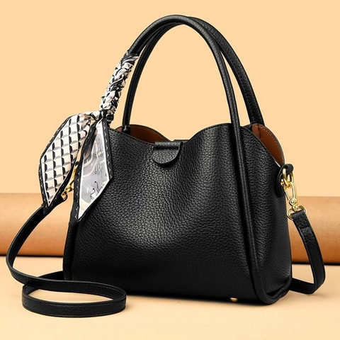 Bolso De Mano Para Mujer Cuero PU Patrón Lichi Bolso De Hombro Con Pañuelo De Satén Decorativo Color Sólido Elegante Gran Capacidad